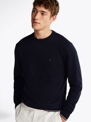 pullover con bordi a contrasto e seta blu da uomini tommy hilfiger