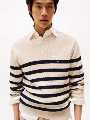 pull en maille texturée à col ras-du-cou bleu pour hommes tommy hilfiger