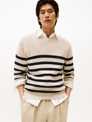 pull en maille texturée à col ras-du-cou bleu pour hommes tommy hilfiger
