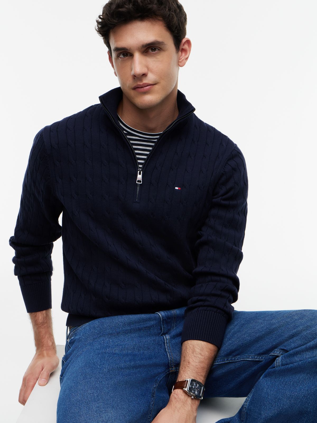 Cable Knit Quarter-Zip Jumper — Blue