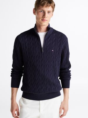 blau zopfstricklpullover mit reißverschluss für herren - tommy hilfiger