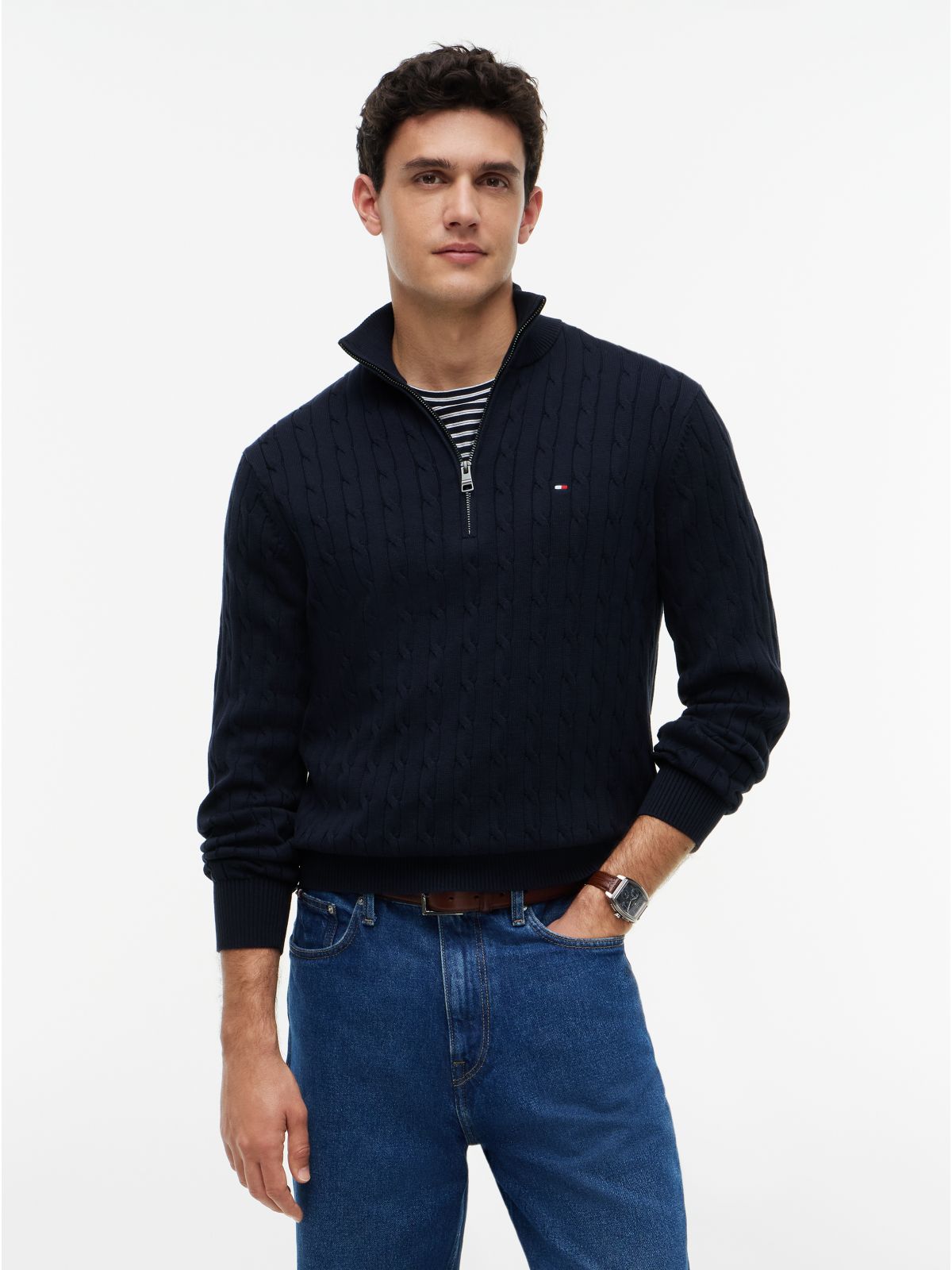 Cable Knit Quarter-Zip Jumper — Blue