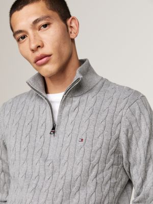 pull zippé en maille torsadée gris pour hommes tommy hilfiger