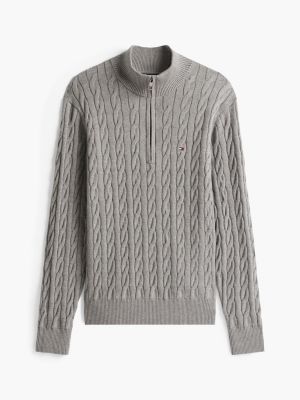 grijs kabelgebreide trui met quarter-zip voor heren - tommy hilfiger
