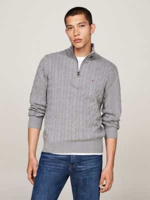 pull zippé en maille torsadée grey pour hommes tommy hilfiger