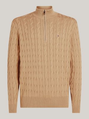 pullover a maglia intrecciata con mezza zip khaki da uomini tommy hilfiger