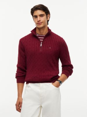purple cable knit quarter-zip jumper for men tommy hilfiger