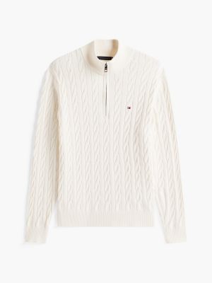 white cable knit quarter-zip jumper for men tommy hilfiger