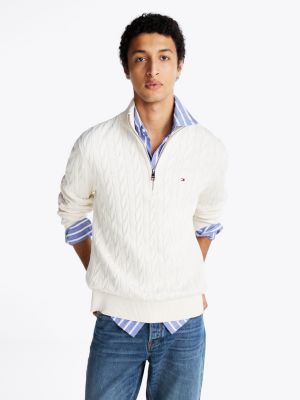 pull zippé en maille torsadée blanc pour hommes tommy hilfiger