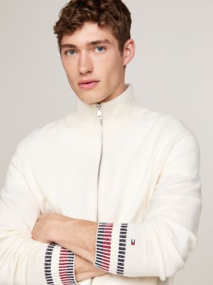 pull décontracté zippé en laine majoritaire blanc pour hommes tommy hilfiger