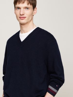 blue wool blend relaxed v-neck jumper for men tommy hilfiger