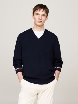 blue wool blend relaxed v-neck jumper for men tommy hilfiger