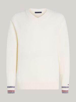 Wool Blend Relaxed V Neck Jumper White Tommy Hilfiger