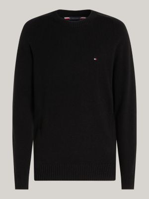 black pure wool crew neck jumper for men tommy hilfiger