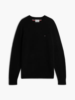 black pure lambswool crew neck jumper for men tommy hilfiger