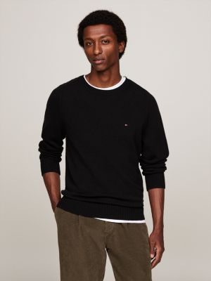 black pure wool crew neck jumper for men tommy hilfiger