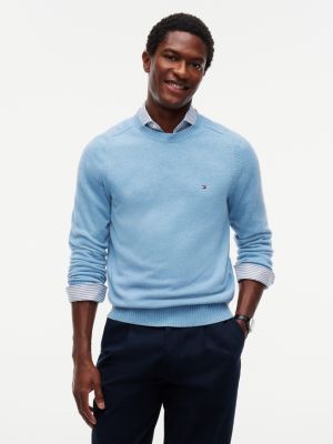 blue pure lambswool crew neck jumper for men tommy hilfiger