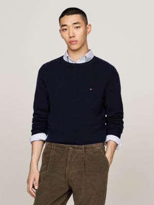 blue pure wool crew neck jumper for men tommy hilfiger