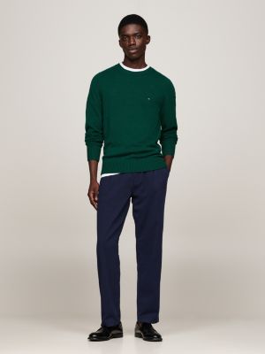 pull en pure laine à col ras-du-cou vert pour hommes tommy hilfiger