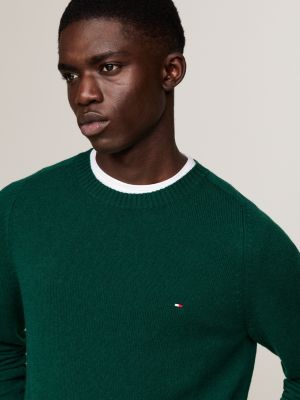 pull en pure laine à col ras-du-cou vert pour hommes tommy hilfiger