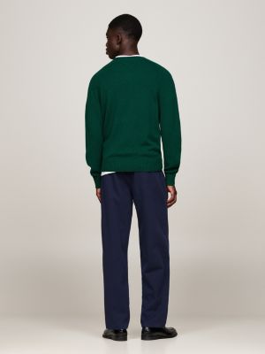 pull en pure laine à col ras-du-cou vert pour hommes tommy hilfiger