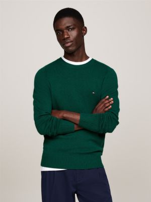 pull en pure laine à col ras-du-cou vert pour hommes tommy hilfiger