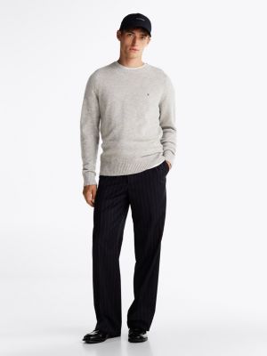 grey pure wool crew neck jumper for men tommy hilfiger