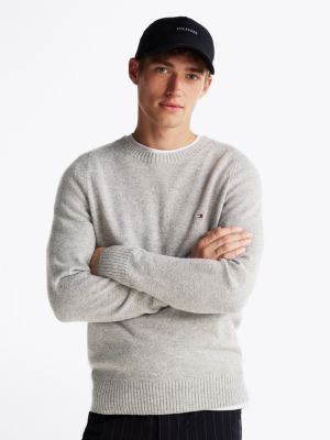 grey pure wool crew neck jumper for men tommy hilfiger