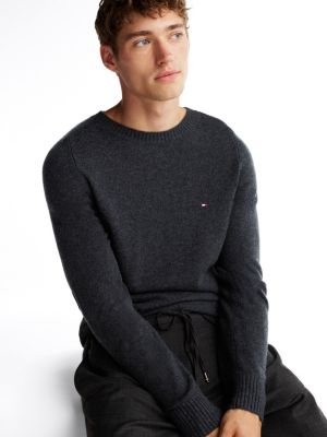 grey pure wool crew neck jumper for men tommy hilfiger