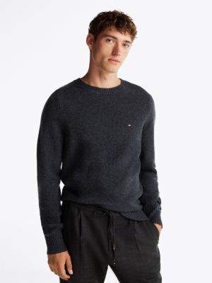 grey pure wool crew neck jumper for men tommy hilfiger