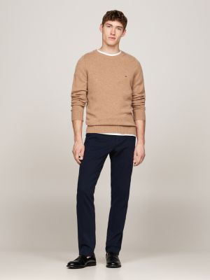 pull en pure laine à col ras-du-cou kaki pour hommes tommy hilfiger