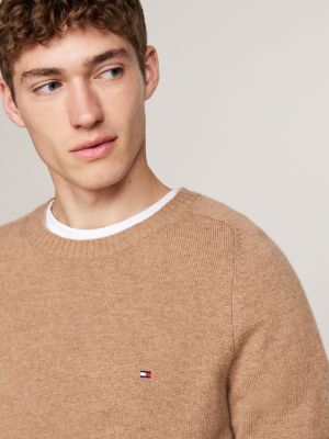 pull en pure laine à col ras-du-cou kaki pour hommes tommy hilfiger