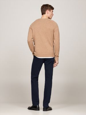 khaki pure wool crew neck jumper for men tommy hilfiger