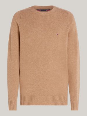 khaki pure wool crew neck jumper for men tommy hilfiger