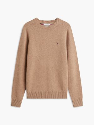 khaki pure lambswool crew neck jumper for men tommy hilfiger
