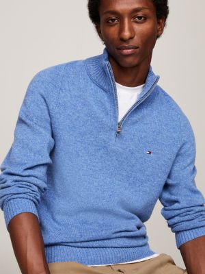 pull zippé en laine à col cheminée bleu pour hommes tommy hilfiger