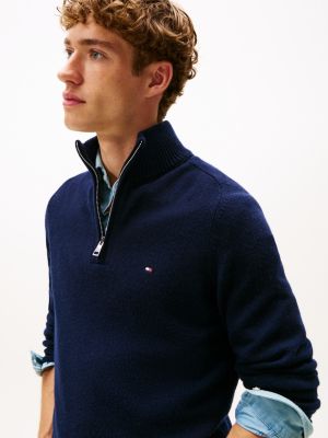 blue wool mock turtleneck half-zip jumper for men tommy hilfiger