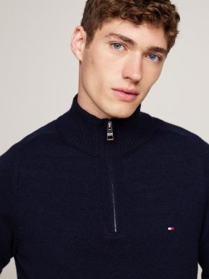 blue wool mock turtleneck half-zip jumper for men tommy hilfiger