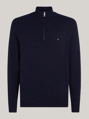 pullover in lana con collo a lupetto e zip blu da uomini tommy hilfiger