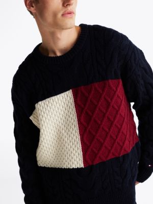 blau zopfstrick-pullover mit hohem wollanteil für herren - tommy hilfiger