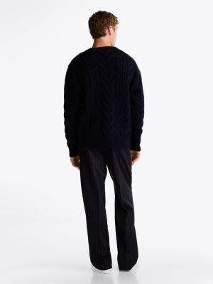 blue wool blend cable knit v-neck jumper for men tommy hilfiger