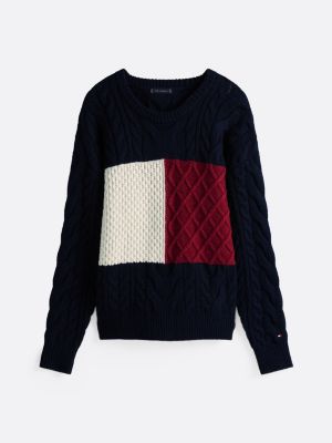 blue wool blend cable knit v-neck jumper for men tommy hilfiger