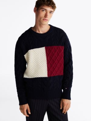 blau zopfstrick-pullover mit hohem wollanteil für herren - tommy hilfiger