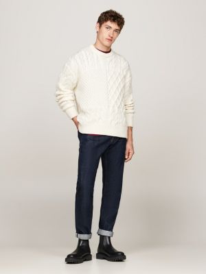 pull en laine majoritaire et maille torsadée blanc pour hommes tommy hilfiger