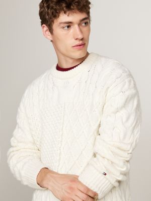 white wool blend cable knit v-neck jumper for men tommy hilfiger