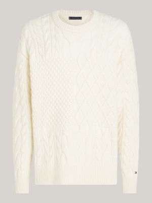 pull en laine majoritaire et maille torsadée blanc pour hommes tommy hilfiger