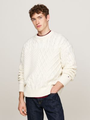 pull en laine majoritaire et maille torsadée blanc pour hommes tommy hilfiger