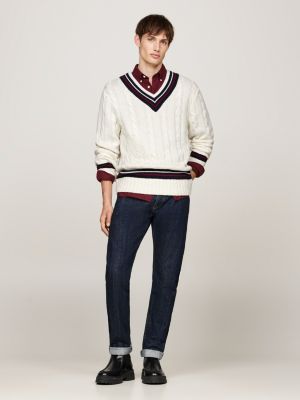 white cable knit wool blend v-neck jumper for men tommy hilfiger