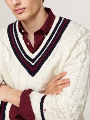 white cable knit wool blend v-neck jumper for men tommy hilfiger