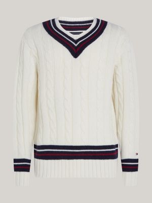 white cable knit wool blend v-neck jumper for men tommy hilfiger